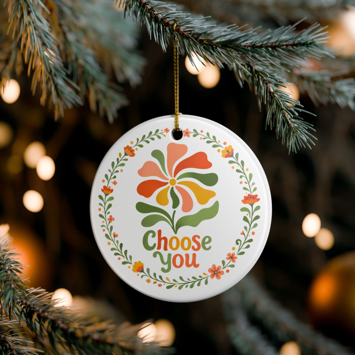 Choose You Floral Illustration Ornament | Ceramic Round Holiday Decoration