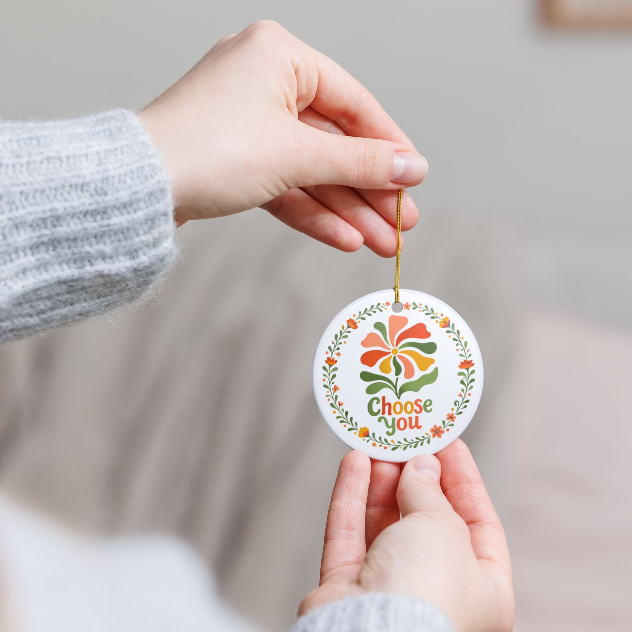 Choose You Floral Illustration Ornament | Ceramic Round Holiday Decoration